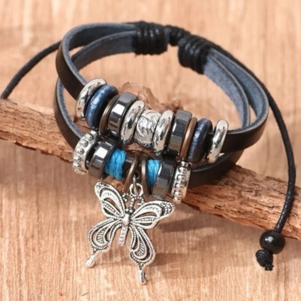 Adjustable Faux Leather Butterfly Charm Beaded Bracelet BRAND NEW